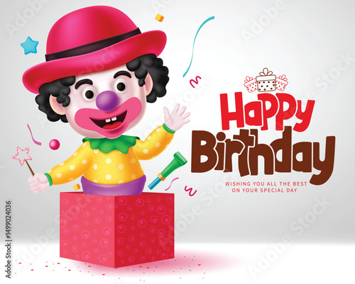 Clown character birthday vector design. Happy birthday greeting text with kids clown inside the red box for party invitation card background. Vector illustration greeting card design.  
