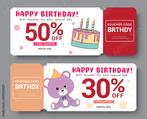 Birthday gift voucher clipart card set design. Happy birthday special offer coupon certificate discount with code and bday elements clip art. Vector illustration birthday gift tags banner design.
