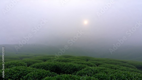 Wallpaper Mural Foggy winter morning in Sylhet, Bangladesh, tea garden hills rolling under mist with distant workers in traditional attire Torontodigital.ca