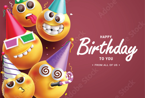 Birthday emojis clipart design. Happy birthday greeting card template in maroon empty space background with emoji character for party celebration. Vector illustration.