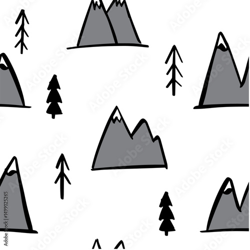 Mountains trees adventure doodle art seamless pattern
