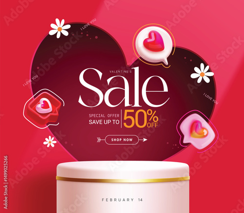 Valentine's day podium sale clipart design. Happy valentine's day special offer 50% off discount in red heart shape background with white podium for product display clip art. Vector illustration.