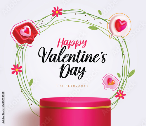 Valentine's podium clipart template design. Happy valentine's day greeting card with red podium stage in flowers and speech bubble background for product presentation clip art. Vector illustration.