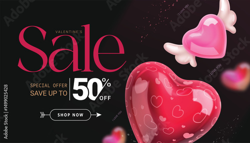 Valentine's day sale clipart banner design. Happy valentine's sale text with inflatable balloons for hearts day shopping vouchers in black background. Vector illustration.