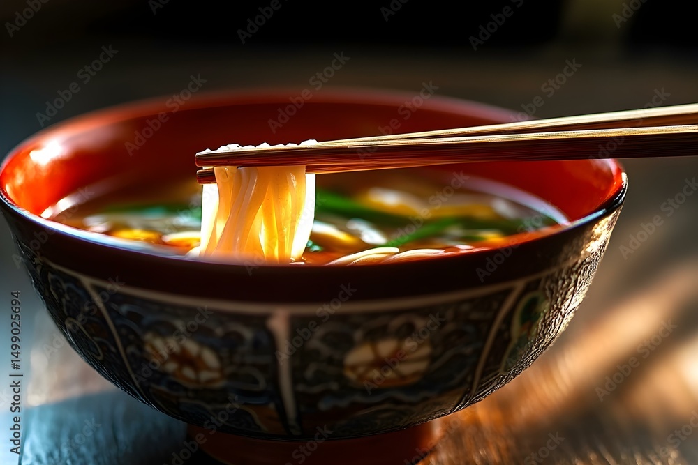 Fototapeta premium Close-Up of a Bowl of Pho with Chopsticks – Authentic Vietnamese Noodle Soup Delight
