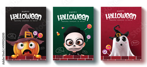 Halloween characters vector poster set design. Happy halloween greeting text with pumpkins, sorcerer and ghost characters for holiday season party invitation card template collection.