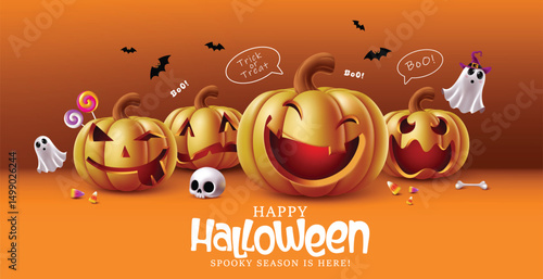 Halloween pumpkins characters vector banner design. Happy halloween greeting text with cute, scary and creepy pumpkins characters in orange invitation card background Vector illustration.