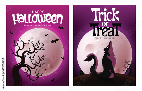 Halloween trick or treat vector poster set design. Happy halloween greeting card with silhouette tree, wolf and bat elements in full moon spooky night background. Vector illustration.