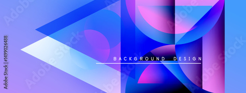 Abstract geometric shapes, vibrant colors blend. Modern design features overlapping layers, gradients, text elements. Smooth transitions create dynamic visual effect.
