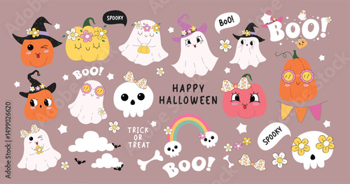 Halloween elements vector set design. Happy halloween trick or treat colorful decoration festive spooky elements with cute ghost and funny pumpkin character in pink background. Vector illustration.