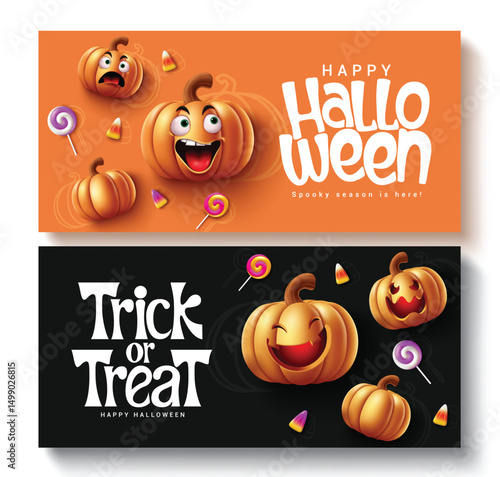 Halloween trick or treat vector banner design. Happy halloween greeting text with cute, funny lantern pumpkins facial expressions, lollipop, candy elements in orange and black empty space background.
