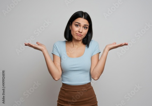 Confused young woman with hands up shrugging shoulders expressing uncertainty or lack of knowledge