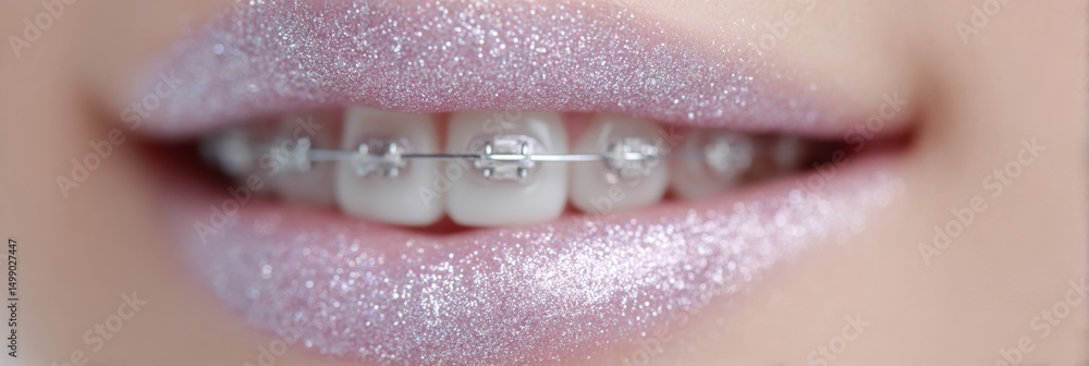 Obraz premium A teen girl beams with shiny metal braces and glitter lipstick against a soft background, embodying youth