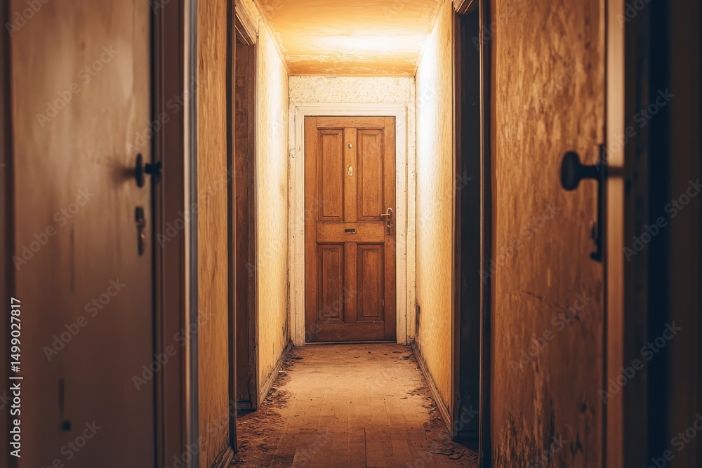 Obraz premium Interior Doors. Corridor in Small Apartment with Closed Doors and Soft Lighting