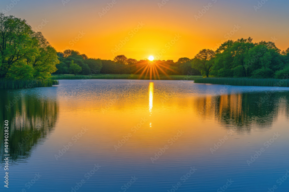 Obraz premium Sunset and sunrise over a calm lake with trees and colorful sky reflections