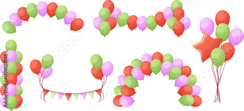 Cartoon party vibrant color balloon decoration vector set illustration