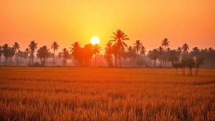 Crédence de cuisine Rouge Golden sunset in winter casting warm light over harvested paddy fields, palm trees in the distance and dry grass under soft sky  © Rafi