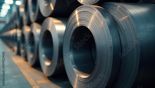 Close-up of stacked steel coils, showing texture and metallic sheen , shipping, object