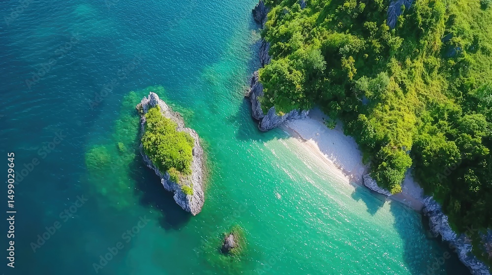 Aerial View of Lush Green Island and Turquoise Water Beach Aerial View of Lush Green Island and Turquoise Water Beach