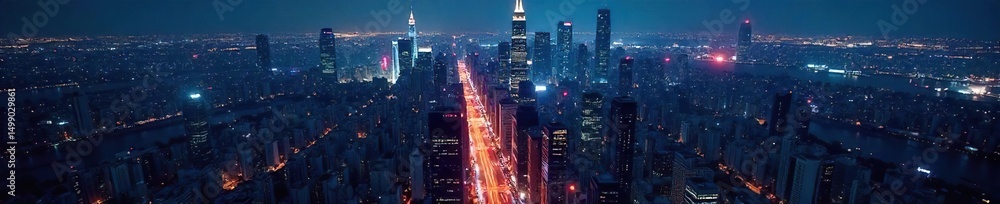 Fototapeta premium A bustling cityscape at night, skyscrapers illuminated, symbolizing concentrated innovative activity and technological advancement , connection, industry, idea