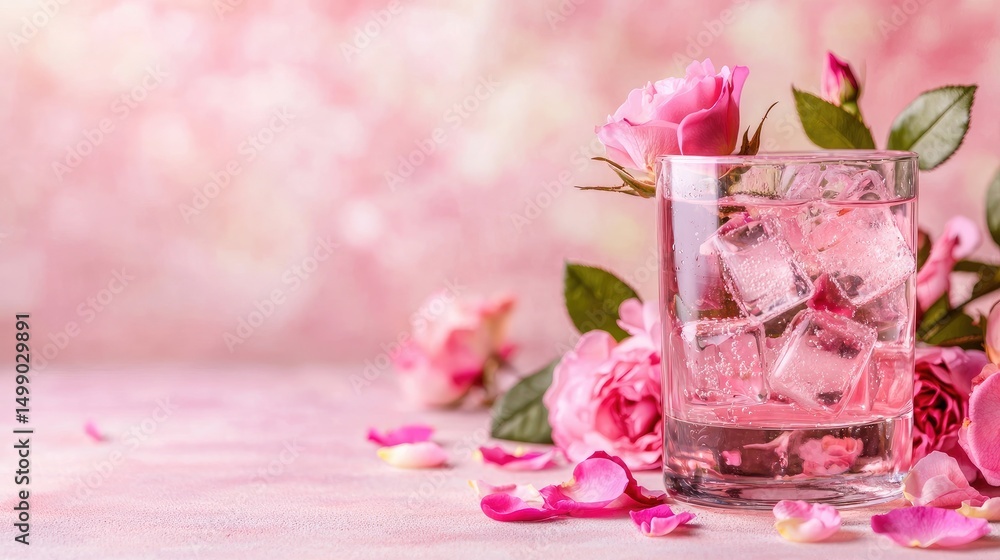 Refreshing Pink Beverage with Ice in Floral Setting Refreshing Pink Beverage with Ice in Floral Setting