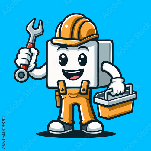 Vector Cartoon Worker Mascot in Safety Gear Holding tools box for Architecture Poster Logo Web UI and Marketing Illustration for Construction Project