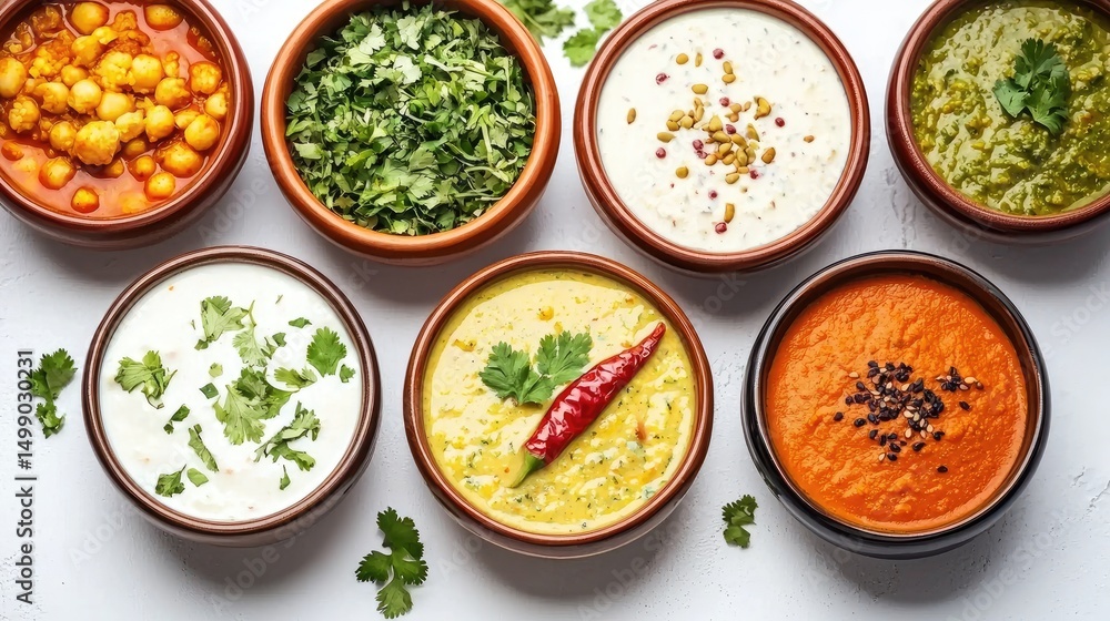Colorful Bowls of Diverse Indian Dips and Sauces with Herbs Colorful Bowls of Diverse Indian Dips and Sauces with Herbs