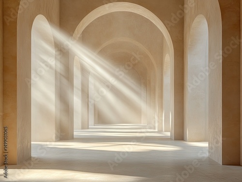 Beige arches bathed in sunlight form a long, repeating corridor perspective. Use to show pathways, enlightenment, possibilities, or architectural brilliance.