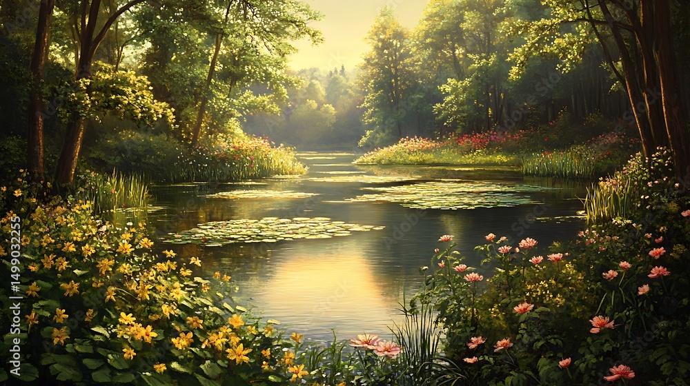 Fototapeta premium A serene landscape featuring a tranquil river, lush greenery, and vibrant flowers.