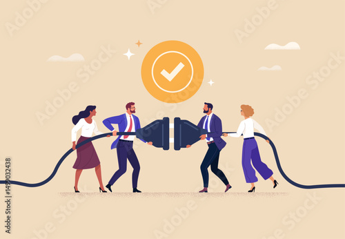 Business Connection Concept. Vector cartoon flat illustration of a group of diverse people successfully connecting electrical plugs. Isolated on a background.