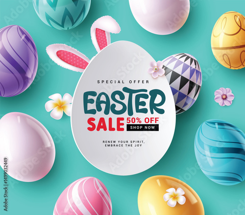 Easter sale text clipart poster design. Happy easter shopping 50% off clip art in blue doodle background with colorful eggs, flowers and wishes flyer design. Vector illustration.