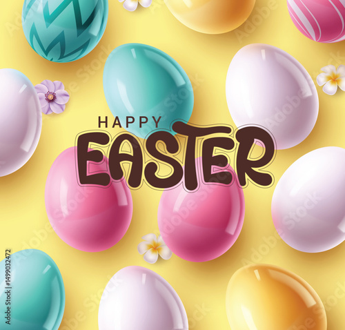 Happy easter clipart greeting card design. Happy easter greeting text clip art with colorful eggs and chamomile flowers in orange doodle background. Vector illustration easter sunday invitation card.
