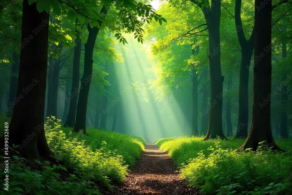 Obraz premium Serene forest scene with dappled sunlight filtering through lush green canopy, creating a magical atmosphere Perfect for nature, travel, or environmental themes , green, magical
