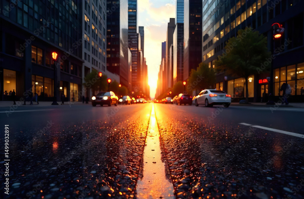 Fototapeta premium Sunset in a big city, evening street, defocused background.