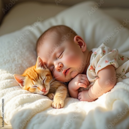 Peaceful Baby and Kitten Sleeping Together on Soft White Bedding