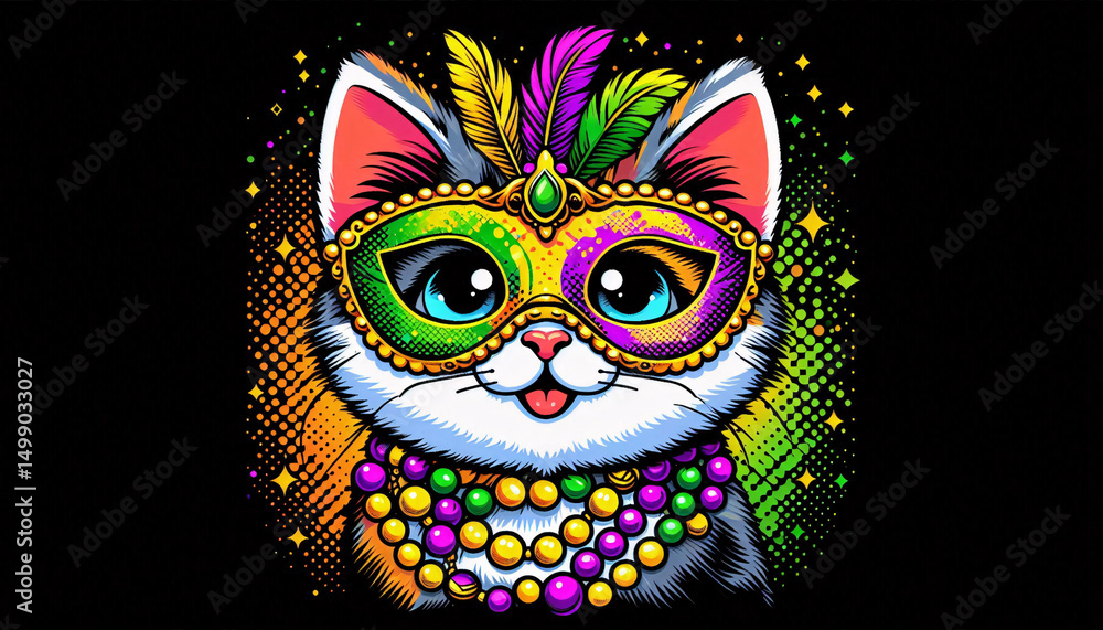 Fototapeta premium Vibrant and energetic pop art portrait of cat in beads and mask celebrating Mardi Gras with classic comic book flair