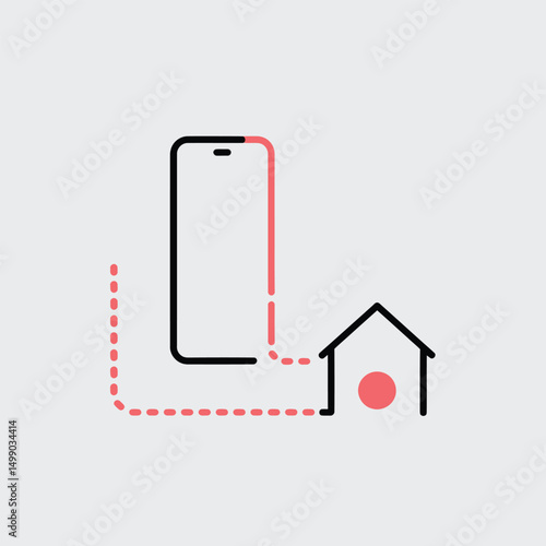 Mobile App and House Icon Connected by Dotted Path Depicting Contactless Home Delivery and Real-Time Order Fulfillment in E-Commerce Logistics.
