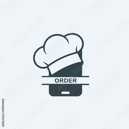 Chef Hat Over Smartphone Icon with Word 'Order' Representing Mobile Food Ordering, Online Restaurant Booking, and Culinary App Services.