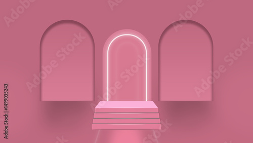 Minimalist Pink Podium with Glowing Arch for Product Background Image