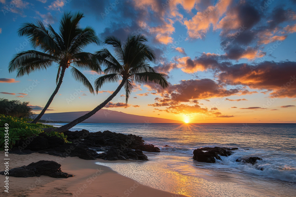 Fototapeta premium Tropical beach sunset with palm trees over the ocean
