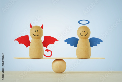 Devil and angel wooden pawn on balance scale - Balance between good and evil