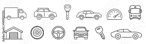Collection of black and white line art car icons suitable for automotive related design elements