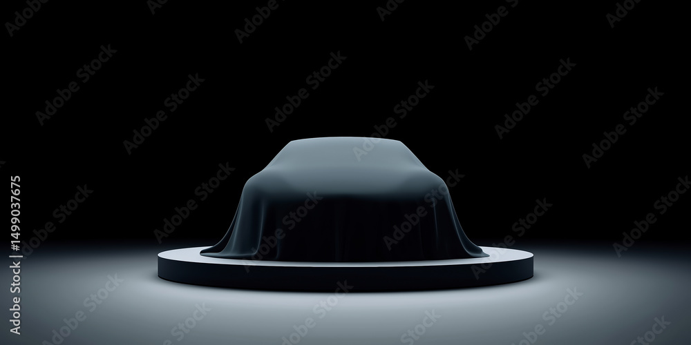Mysterious covered object on a circular platform illuminated by soft light in a dark environment showcasing anticipation and intrigue concept Mysterious covered object on a circular platform illuminated by soft light in a dark environment showcasing anticipation and intrigue concept