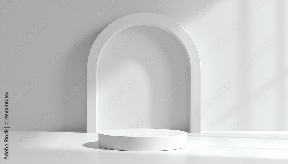 Fototapeta premium Minimalist white arch structure with a circular platform, creating a modern and elegant display space, illuminated by soft natural light