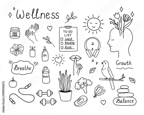 Hand-drawn doodle set with wellness icons: plants, skincare, fitness, healthy eating, sports, lettering,  mindfulness elements. For planners, apps, health lifestyle blogs, stickers, self-care branding