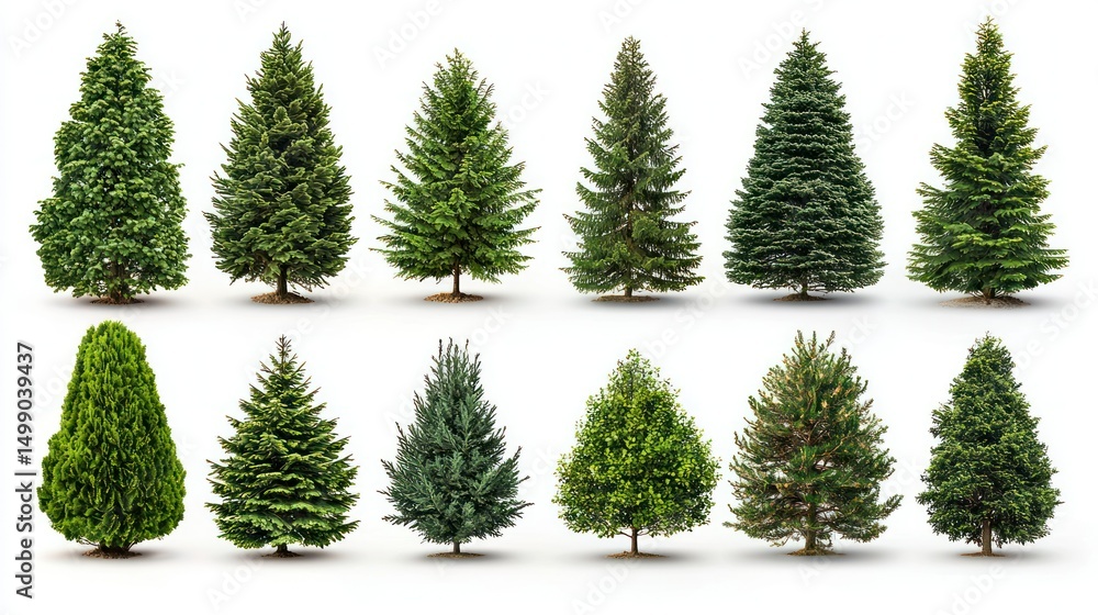 Obraz premium Twelve diverse evergreen trees against white