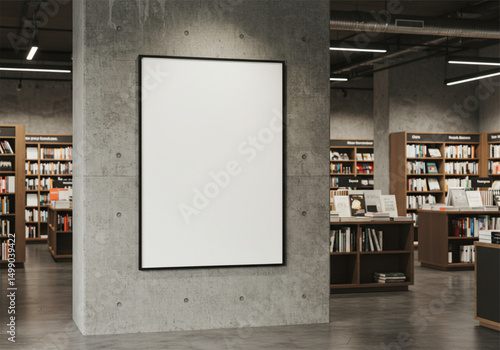 Blank poster display in modern bookstore interior