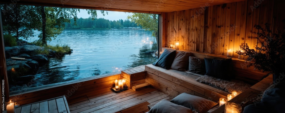 Obraz premium Calm environment through serenity and positivity in therapy concept. Cozy lakeside retreat with candles and calming evening ambiance.