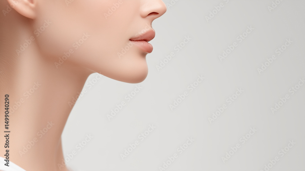Elegant profile of a woman showcasing smooth skin, graceful neck, and natural beauty in a minimalist setting, emphasizing beauty and wellness concept Elegant profile of a woman showcasing smooth skin, graceful neck, and natural beauty in a minimalist setting, emphasizing beauty and wellness concept