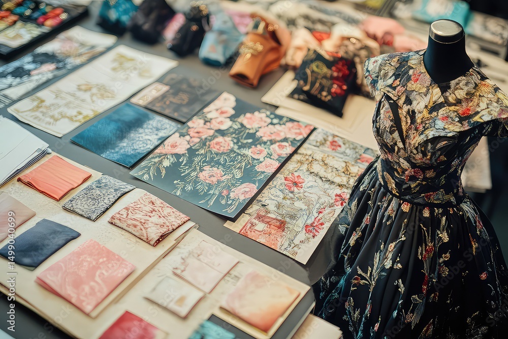 Obraz premium a card mockup for a fashion show with fabric swatches and sketches